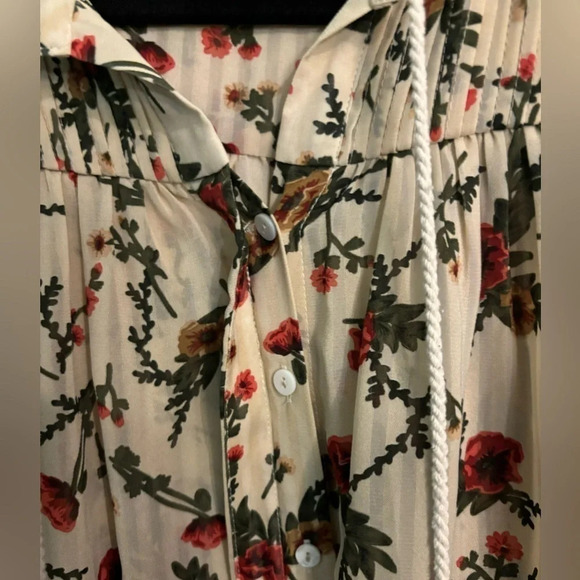 Ellison‎ Womens Medium Floral Blouse Tassel Ties Hidden Buttons Sheer Pinstripe - Picture 3 of 9